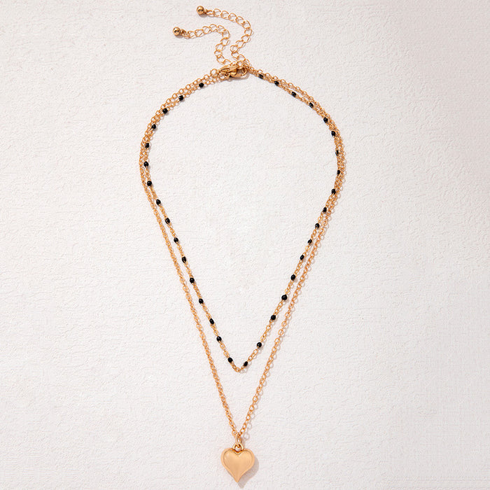 Double-Layer Heart Pendant Necklace - Black Bead Fashion Chain for Women