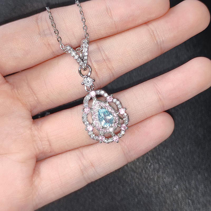 Light blue teardrop-shaped zircon necklace for women, two-piece set