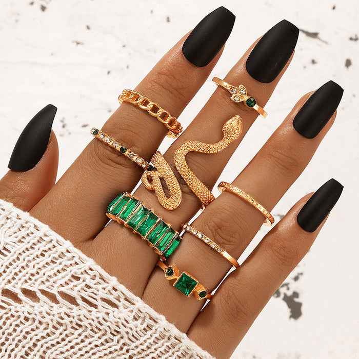 Snake-shaped green diamond ring eight-piece set geometric animal light luxury combination