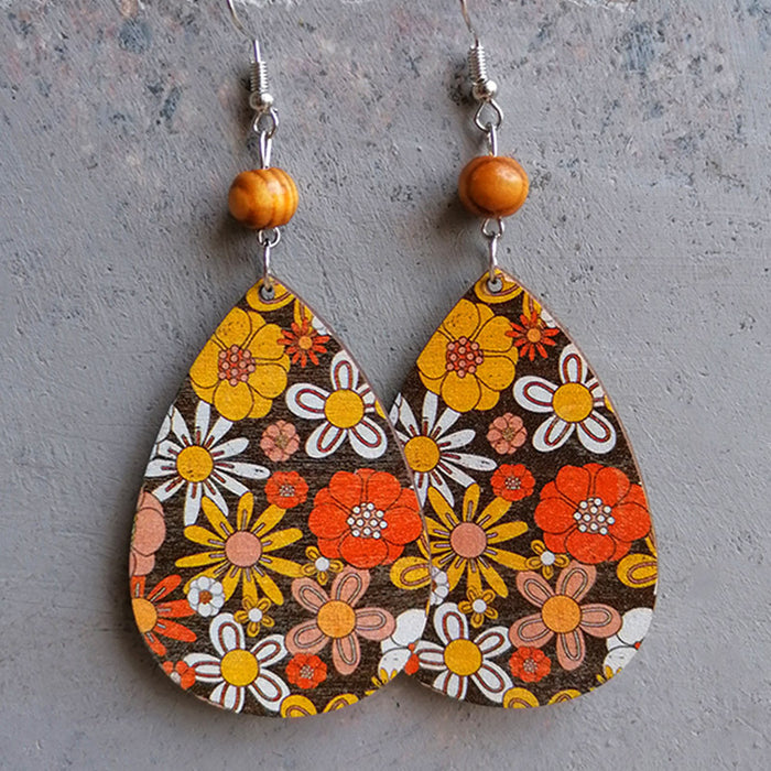 Vintage Bohemian Floral Teardrop Earrings with Print Design