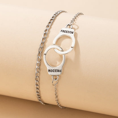 Fashionable Handcuff Double-Layer Anklet with Letter and Silver Chain Design