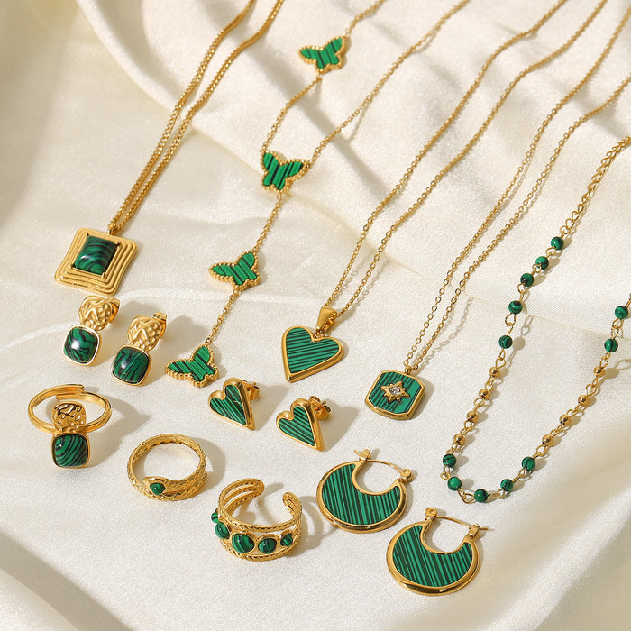 18K Gold-Plated Stainless Steel Necklace with Green Malachite Inlay - Vintage Style