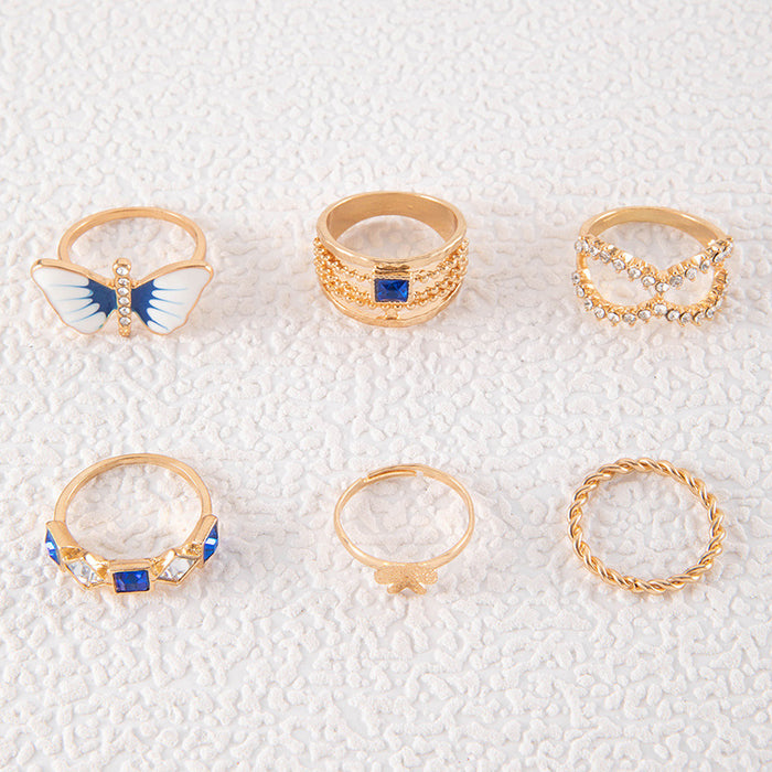 Enamel Butterfly Gemstone Ring Set - 7pcs Geometric Hollow Eye Rings