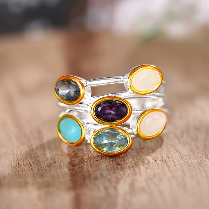 Anillo ovalado retro de lujo ligero, diseño multicapa estilo palacio