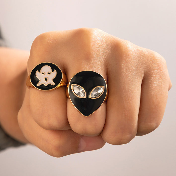 Alien Black Ghost Face Oil Drop Two-Piece Ring