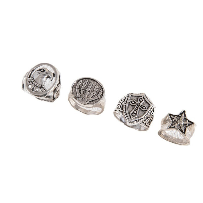 Retro Men’s Ring Set - Punk Dark Hip-Hop Cross Owl Four-Piece Set