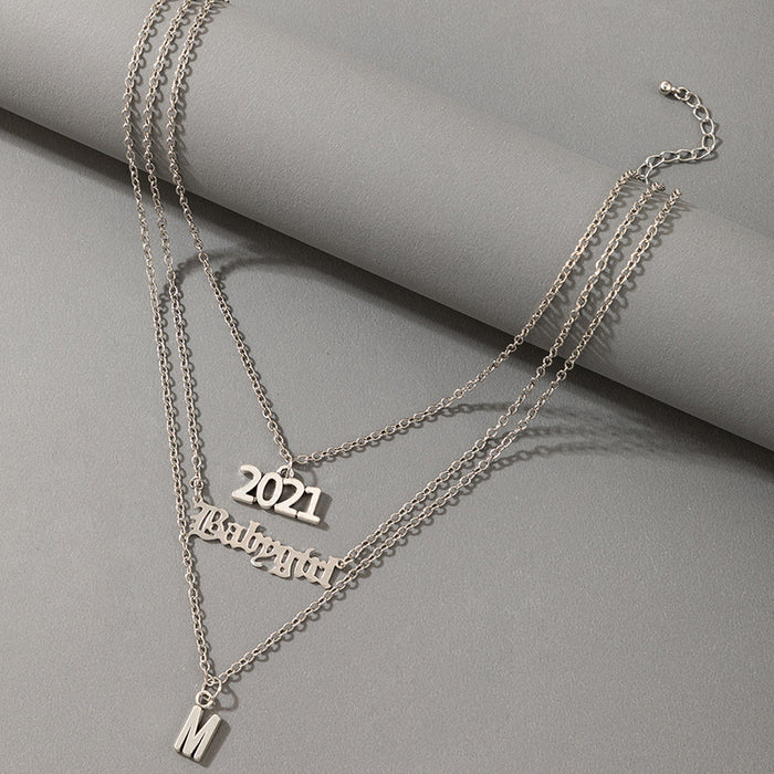 2021 Digital Alloy Three-Layer Necklace with Letter Silver Multi-Layer Clavicle Chain