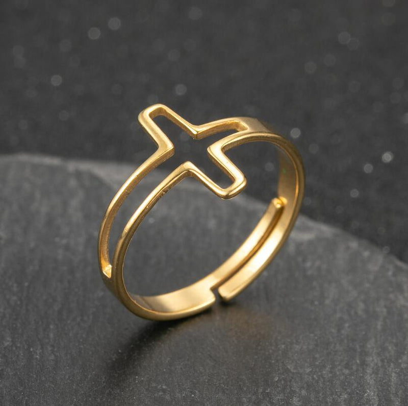 Anillo de cruz hueca simple de moda, anillo abierto ajustable de acero inoxidable al por mayor
