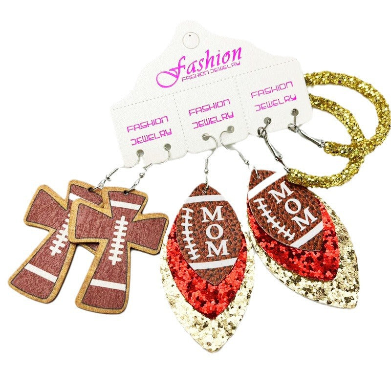 Football Mom Leather Earring Set with Cross and Glitter Hoop Design
