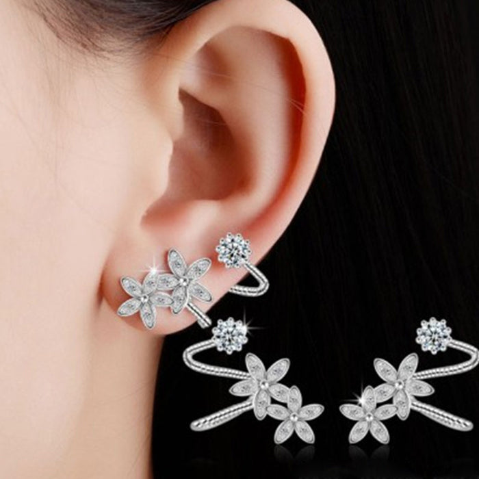 Women's double ear piercing flower zircon earrings one-piece ear clip