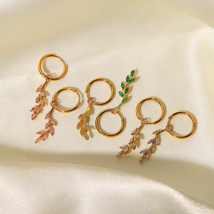 18K Gold Plated Stainless Steel Zircon Hoop Earrings - Classic Design with White, Pink, and Green Zircon