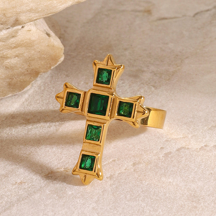 Stainless Steel Cross Zircon Open Ring