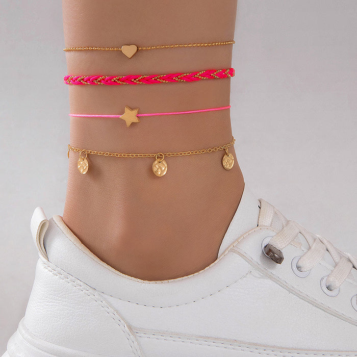 Simple Multilayer Heart String Anklets - Stylish Four-Layer Ankle Bracelets