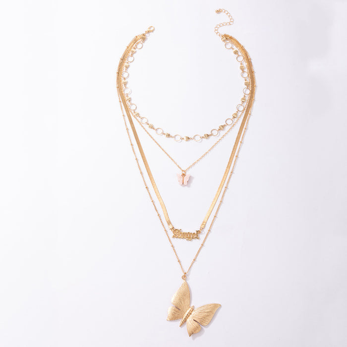 Geometric Round Ring Clavicle Chain with Pink Butterfly Pendant and Angel Letter Four-Layer Necklace