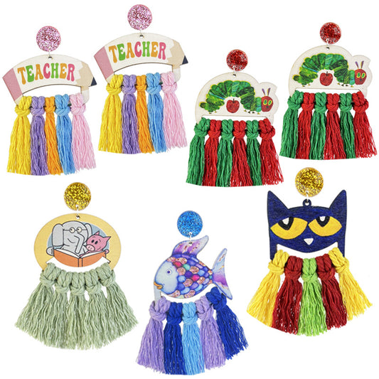 Fun Reading Themed Woven Tassel Earrings with Pencil Design for Students and Teachers