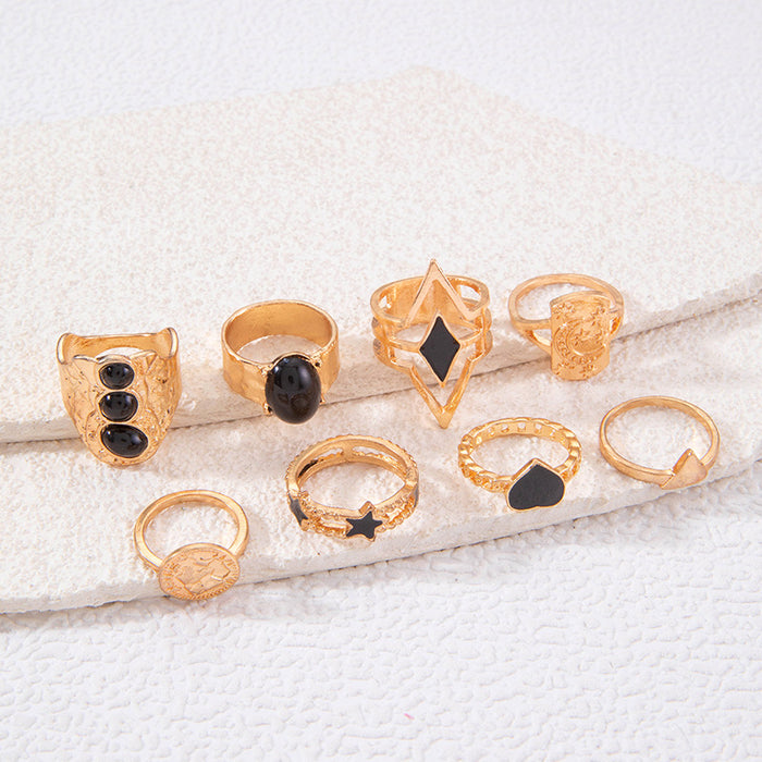 Punk Style Dark Gemstone Ring Set - 8pcs Vintage Enamel Heart Rings