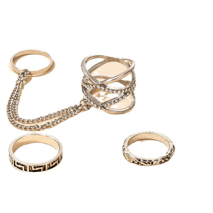 Diamond chain vintage arrow ring 4-piece set