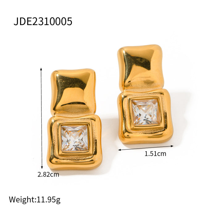 18K Gold Plated Stainless Steel Zircon Square Earrings - Trendy Design for 2023