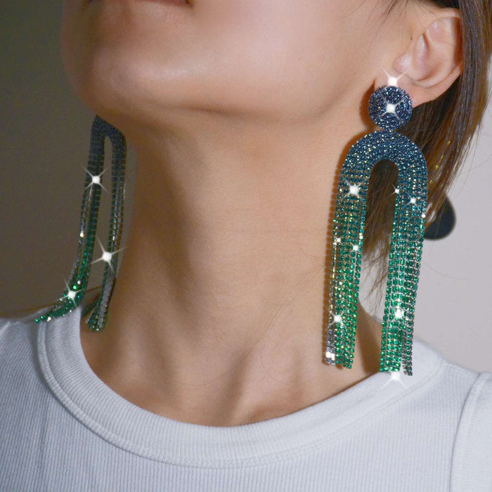 Geometric long tassel gradient colorful rhinestone earrings