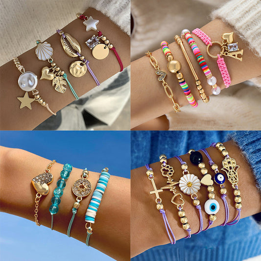 Conjunto de pulseras de hilo de colores con dopamina bohemia: conjunto de pulseras de corazón de concha estilo vacaciones de cuatro piezas