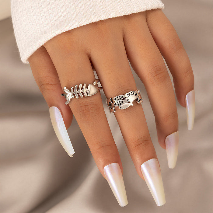 Personalized fishbone ring set, geometric irregular small fish open ring two-piece set