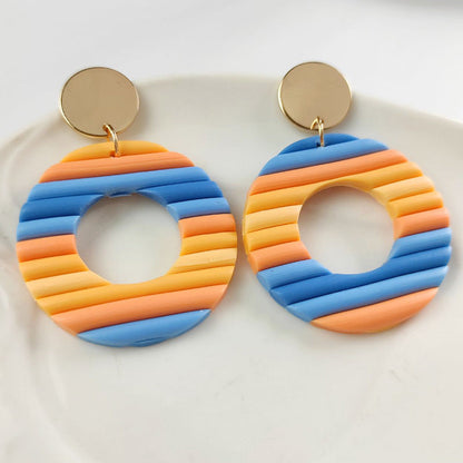 Handmade Rainbow Stripe Clay Earrings - Multicolor Geometric Hoop Design