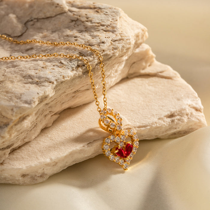 18K Gold-Plated Stainless Steel Necklace - Red and White Zircon Water Drop Pendant for Women