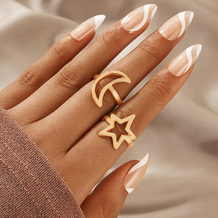 Star and Moon Hollow Geometric Irregular Ring 2-Piece Set