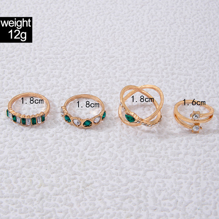 Simple Luxury Geometric Heart Ring Set - Faux Gemstone Rhinestone Four-Piece Set