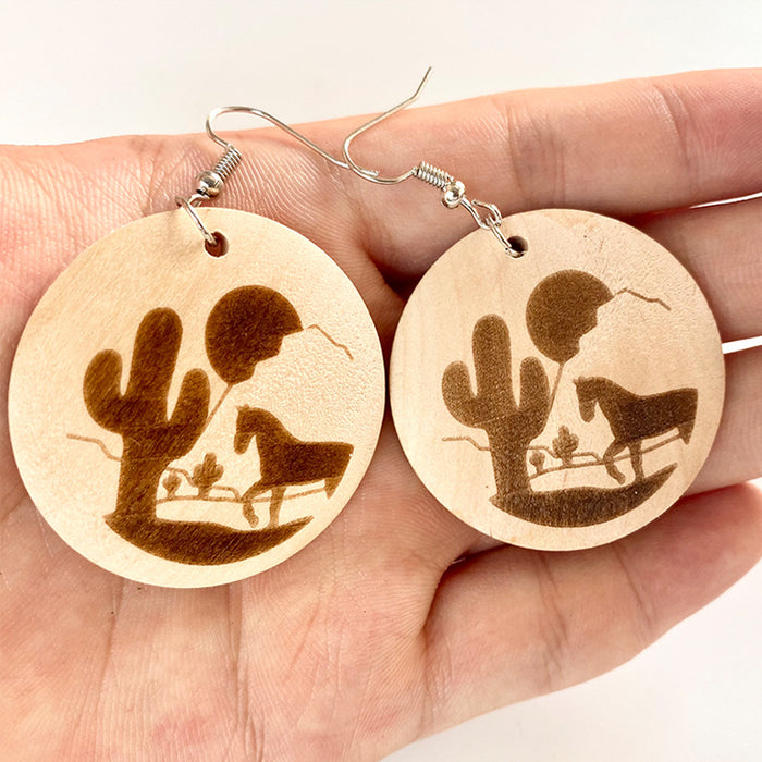 Wooden cactus horse earrings