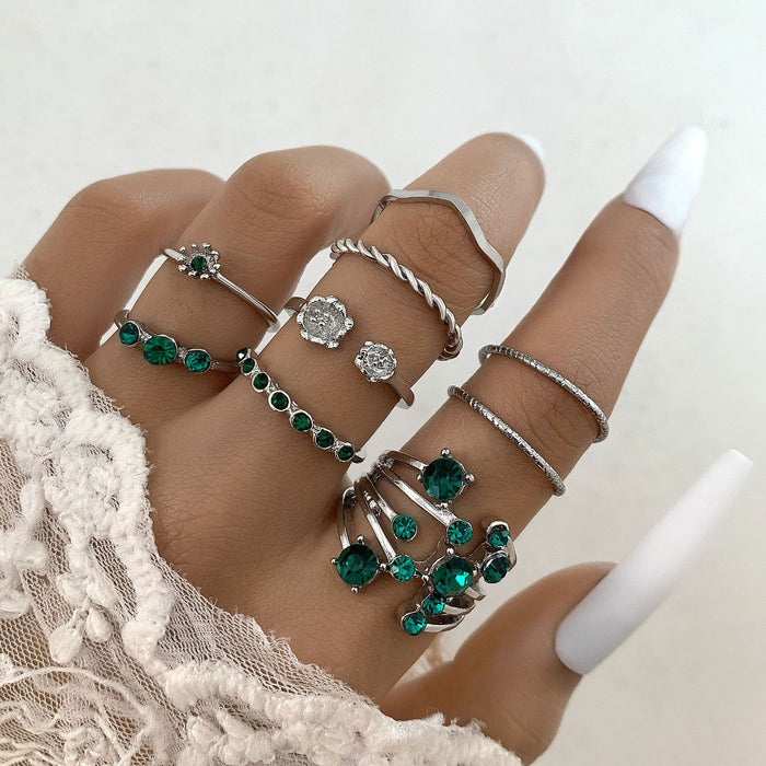 Vintage distressed green diamond petal wave eight-piece ring set