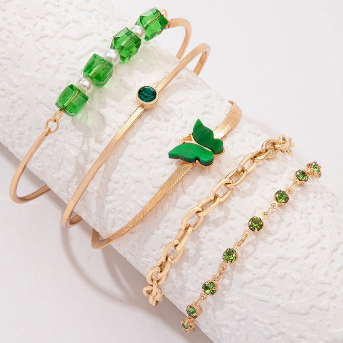 Juego de pulseras de piedras preciosas con forma de mariposa verde: cadena con bloques de colores y joyas con cuentas