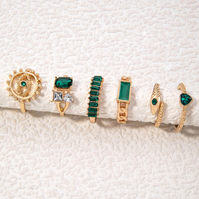 Snake and Eye Ring Set - Retro Faux Emerald Rhinestone Set for Women