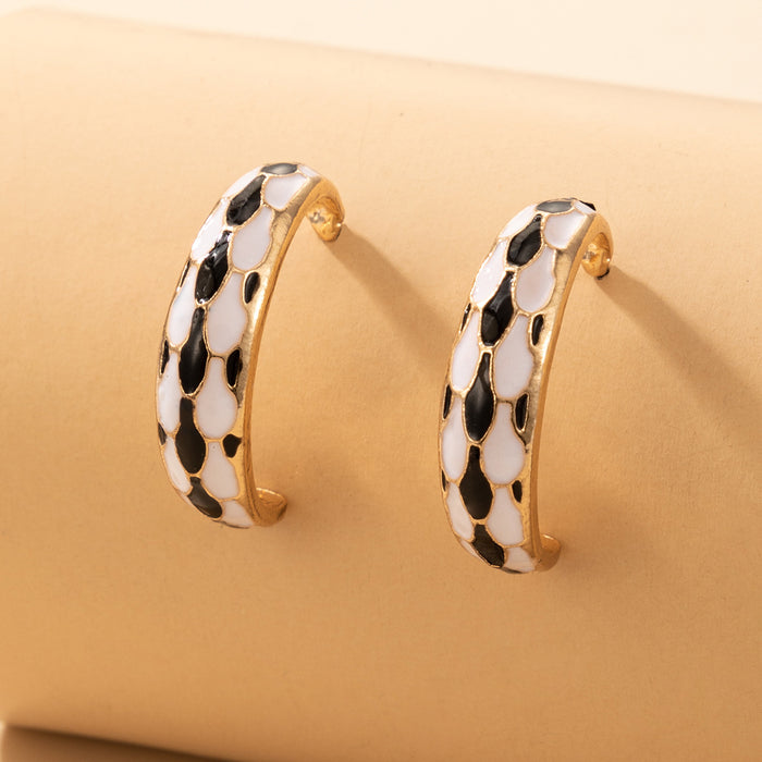 French black and white checkered color matching oil drop geometric earrings