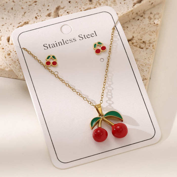 Conjunto de aretes de cadena de clavícula con colgante de cereza de oro de 18 quilates de acero inoxidable al por mayor