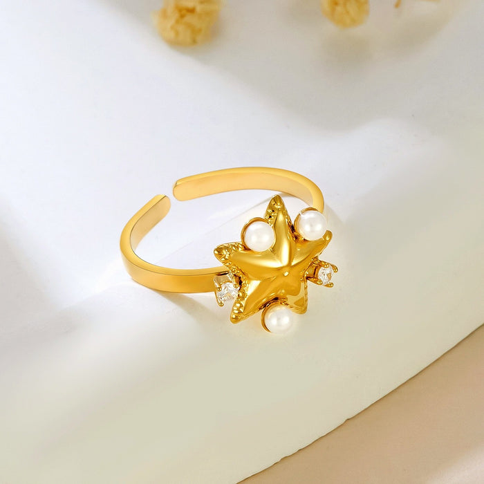 Wholesale five-pointed star-shaped openwork rings inlaid with diamonds and pearls