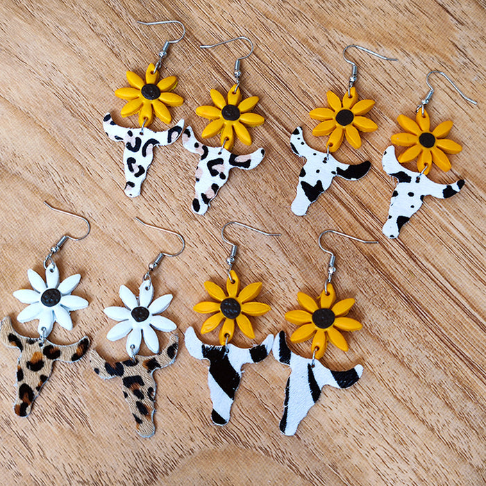 Pendientes de arcilla con diseño de girasoles en estilo vacacional: estampado de vaca, leopardo y cebra