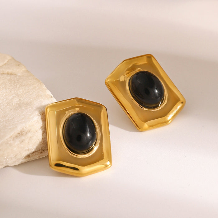 Stainless steel black agate geometric earrings, retro classic light luxury high-end earrings