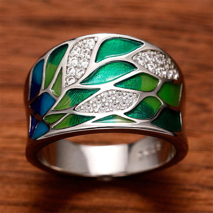 Imitation enamel dripping glue ring colorful leaf style European and American style ring jewelry