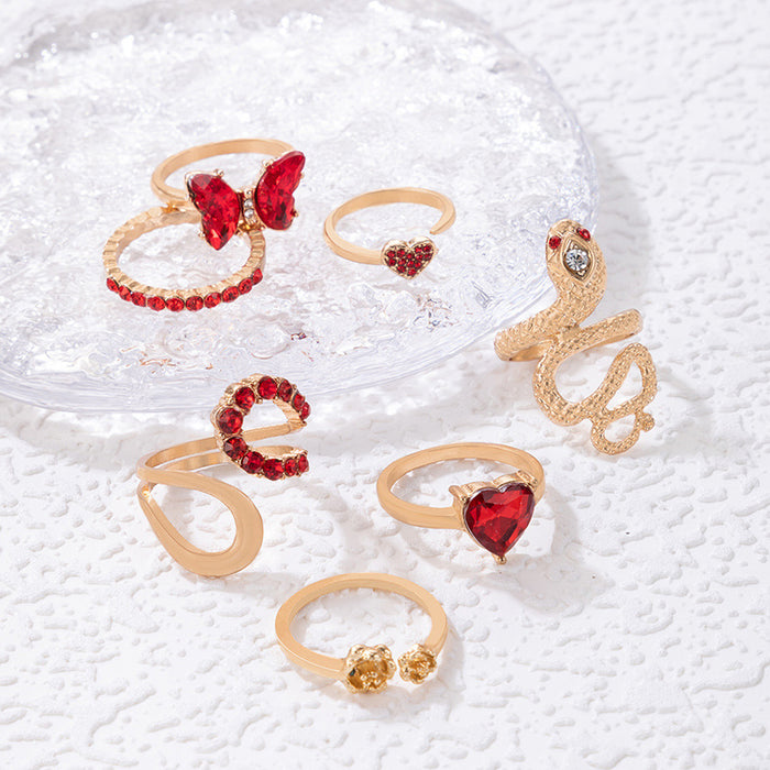 Butterfly Heart Snake Gemstone Ring Set - 7pcs Geometric Red Tone Rings