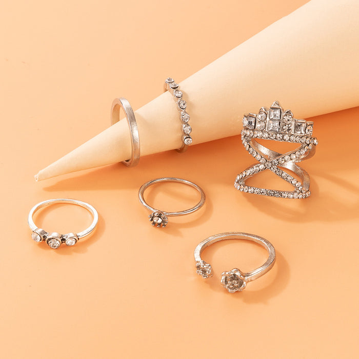 Six-piece diamond cross ring set, flower-shaped diamond-studded open design