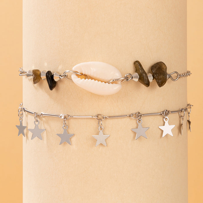 Gemstone Shell Double-Layer Anklet with Geometric Alloy Star Disc Design