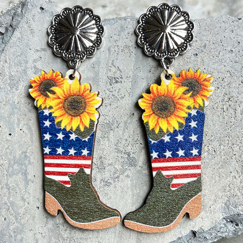 Independence Day Earrings with Western Cowboy Boots and Bullhead Designs