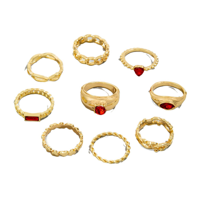 Vintage Faux Ruby Heart Ring Set – Creative Peach Heart Diamond Chain Rings, 9-Piece Collection