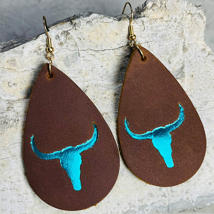 Modern Teardrop Crazy Horse Leather Earrings with Gold Bullhead Design