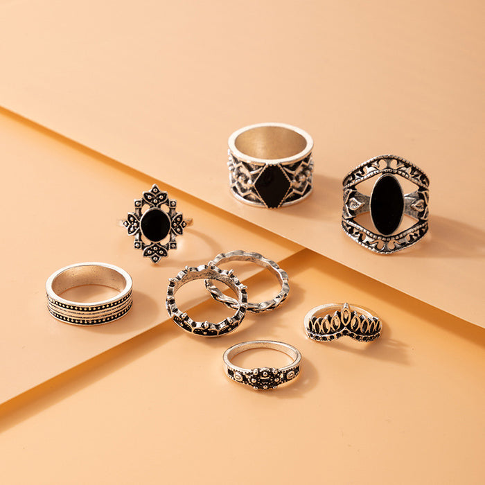 Black oil drip vintage hollow ring 8-piece set