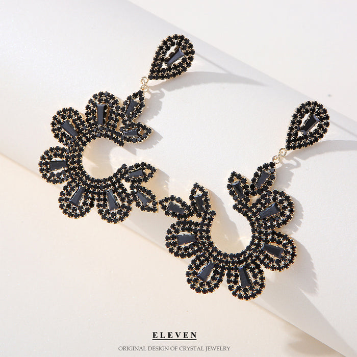 Symmetrical Floral Black Rhinestone Earrings - Elegant Statement Jewelry for Women