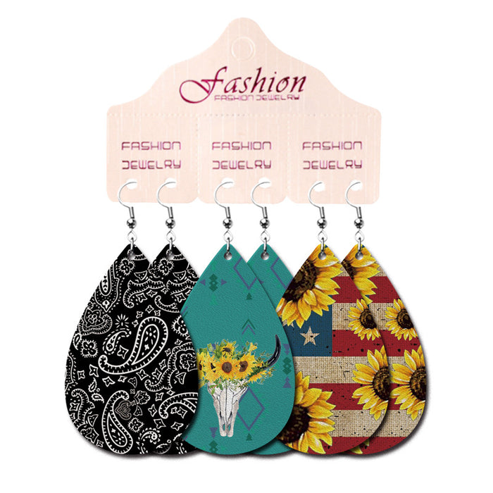 Western Printed Leather Earring Set with Geometric Shapes and Vintage Design