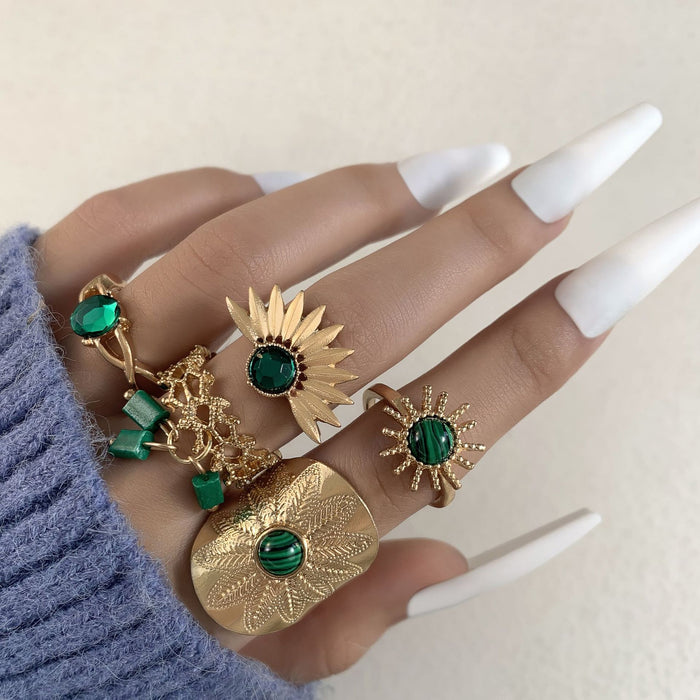 Vintage Exaggerated Gemstone Sunflower Ring Set - 5pcs Geometric Tassel Rings