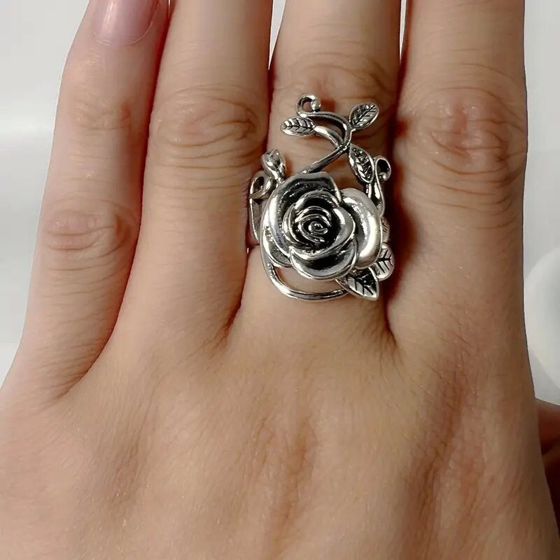 Anillo personalizado con rosa exagerada, anillo retro de moda simple
